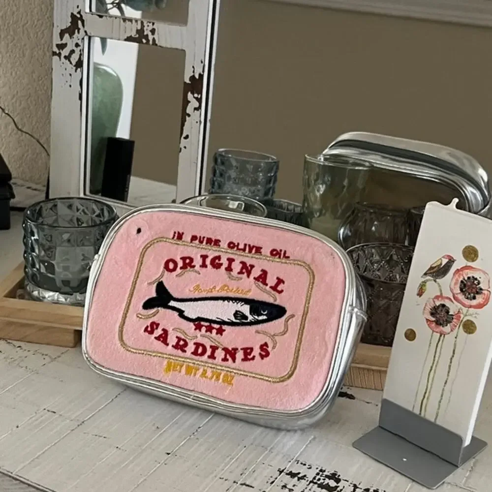Pink Sardine Makeup Bag Travel Cosmetic Pouch Brush Set Tinned Fish Plush